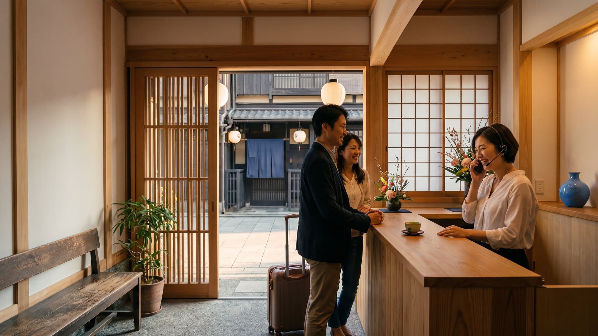 京都の町家の宿の受付で、電話に笑顔で応対するスタッフと、スーツケースを持って待つご夫婦。格子戸の向こうに石畳の通り