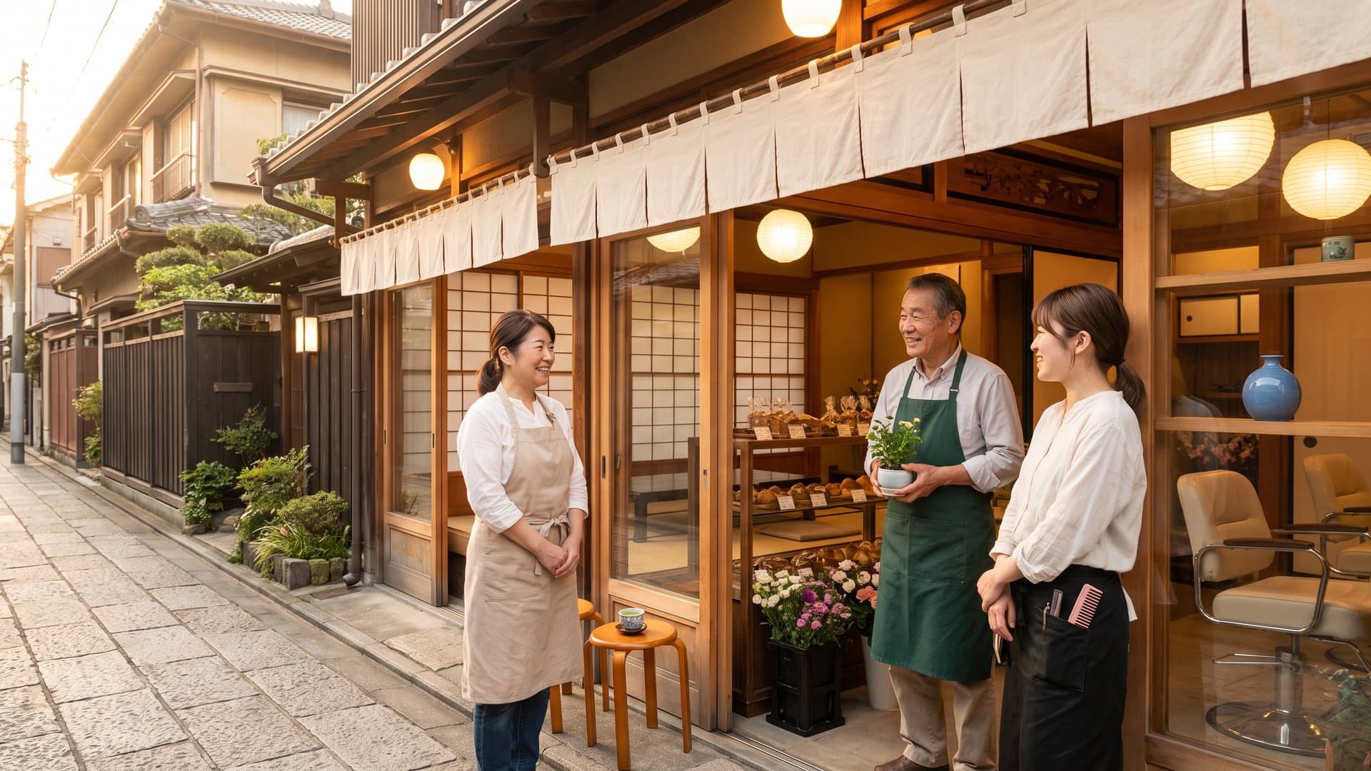 夕暮れの小さな商店街で、パン屋、花屋、美容師が店先で談笑している様子