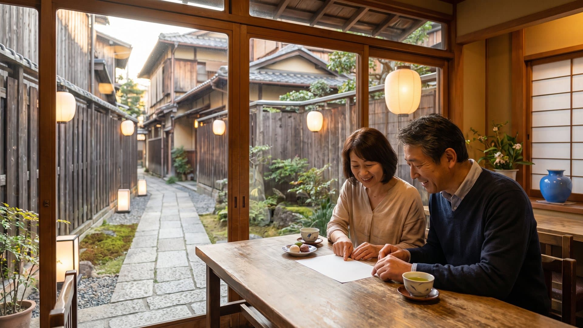 小さなカフェを営むご夫婦が、緑茶を飲みながらシンプルなプランを一緒に確認している様子